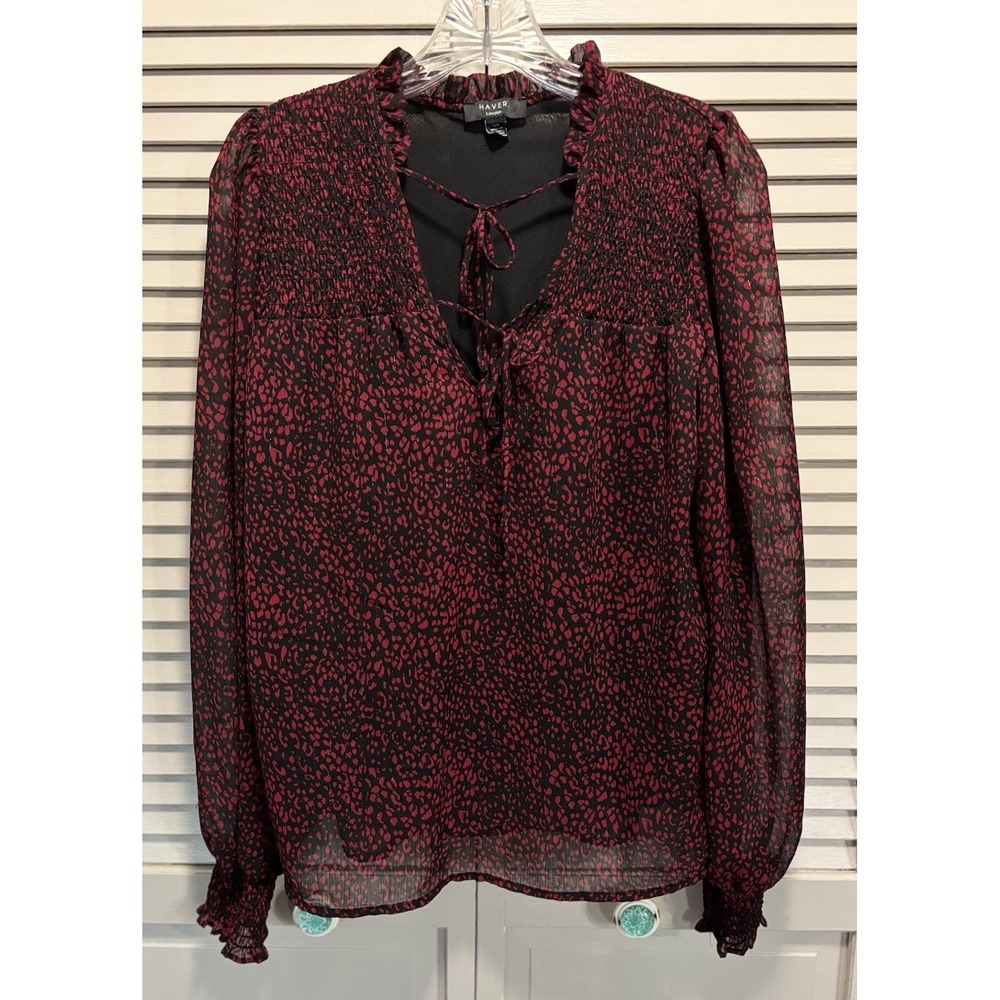 Haver Red/Blk Cheetah Long Sleeve Chiffon Blouse V/Tie Neck‎ Size S Smocked Boho
